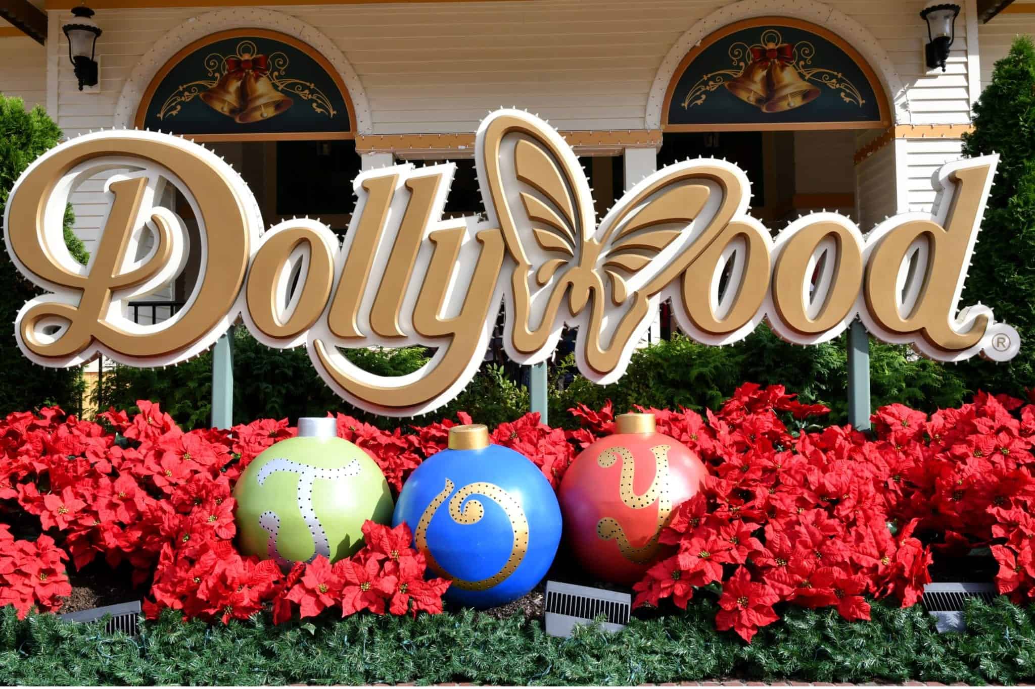Dollywood sign with christmas ornaments in front