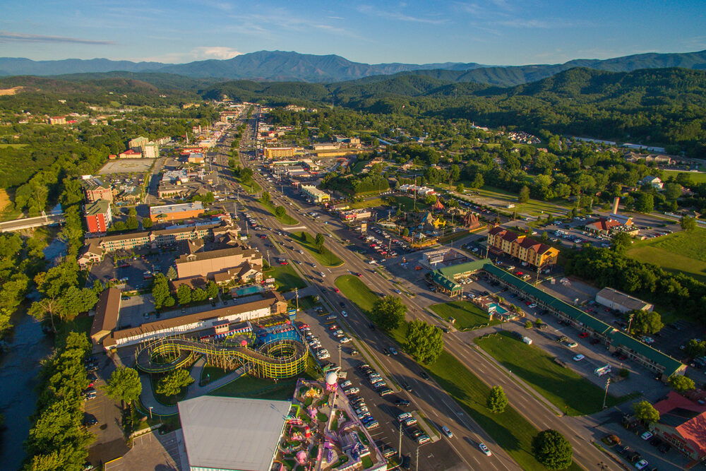 Aerial view of Pigeon Forge, TN